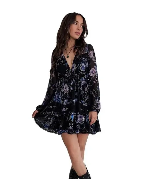 FREE PEOPLE Cherry Blossom Floral Mini Dress Small Goth Fairy Grunge Boho Sheer