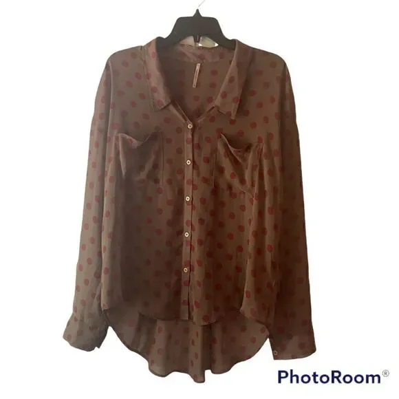 Free People Easy Rider Green and Pink Polka Dot Button Front Sheer Blouse Size M