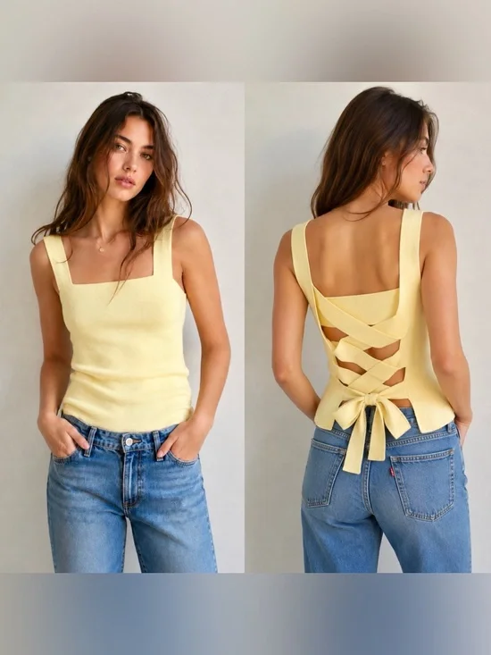 ✨ Free People Pale Yellow Square Neck Lace-Up Back Knit Top - Size Extra Small ✨