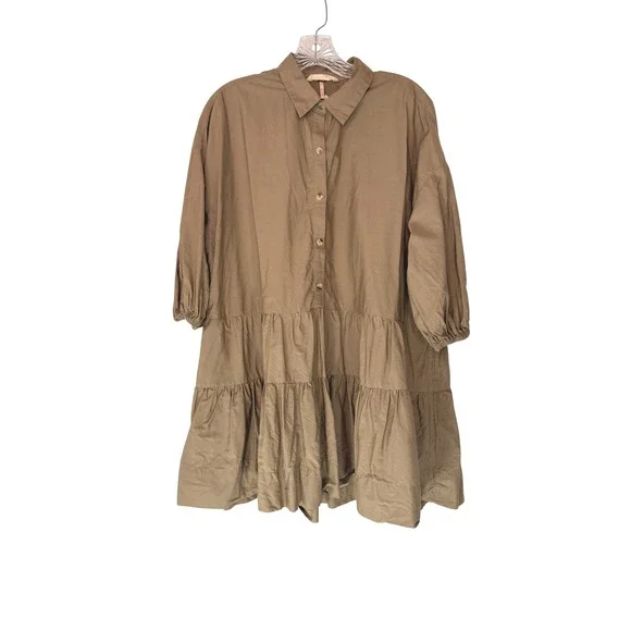 Free People Misha Baby Doll Tiered Mini Shirt Dress Tan Oversized Cotton XS‎