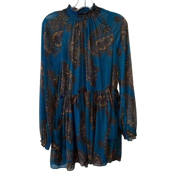 Free People Blue Paisley Sheer Moonstruck Mini Dress in Size S