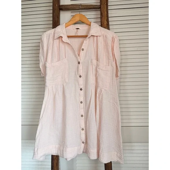 Free People Button‎ Down Dress Womens XS Pink Good Gauze Short Sleeve Pockets