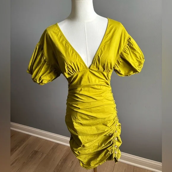Free People Tastemaker Mini Buttondown V Neck Ruched Puff Sleeve Dress
