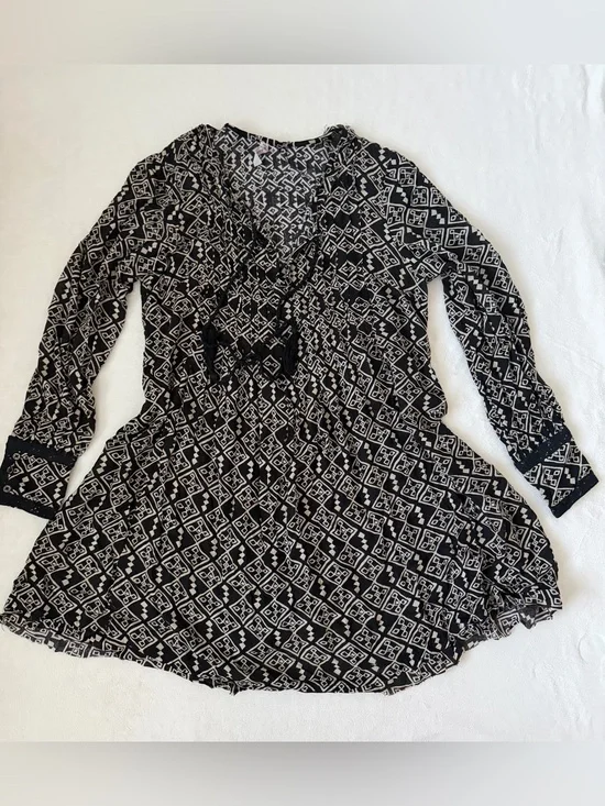 Free People Boho Peasant Tunic Top Large Black Ivory Geometric Long Sleeve