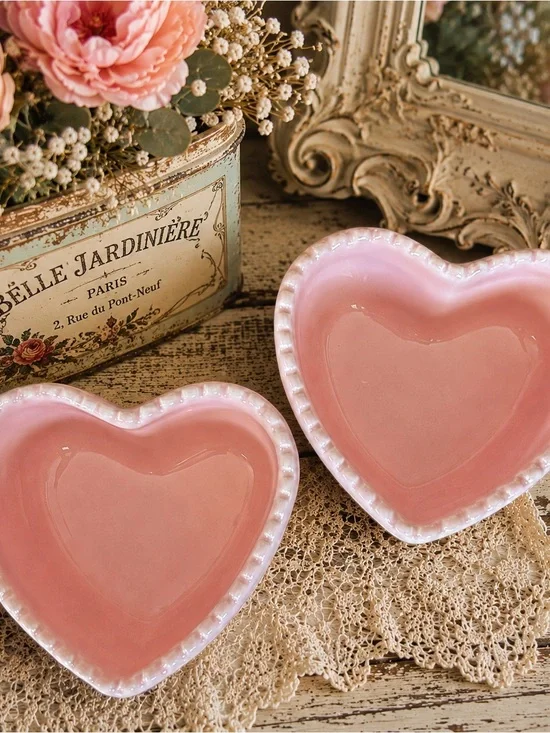 Set of 2 Pink Heart Shaped Ceramic Bowls Beaded Rim Ramekins Trinket Dishes