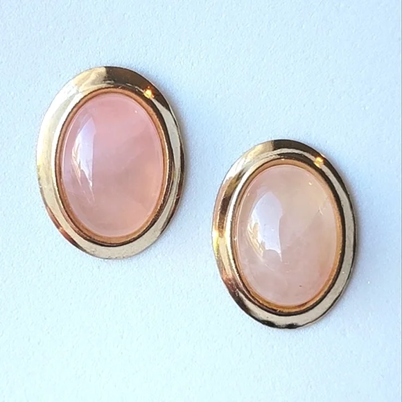 Oval Rose Quartz Gold Tone Natural Stone Cabochon Earrings