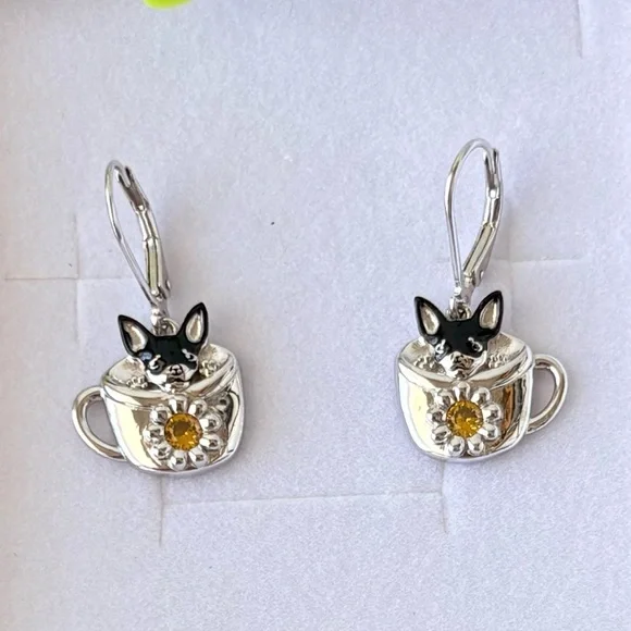 Chihuahua‎ In A Teacup Dangle S925 Sterling Silver Earrings