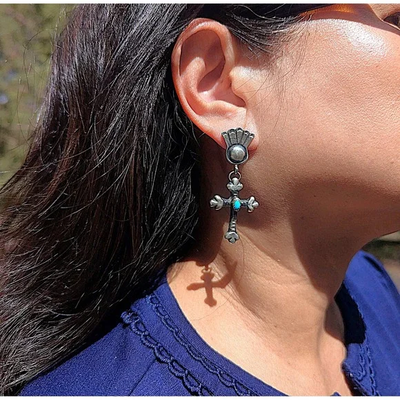Native Am Earrings Navajo‎ Iodize Sterling Silver Cross Turquoise Jewelry**