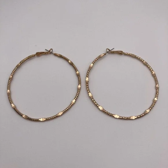 Gold Tone Textured Beaded Hoop Earrings Oversized 2.5 Inch Costume Jewelry