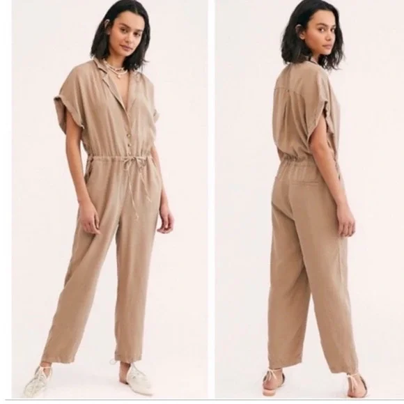 Free People | Woman's‎ Lottie Brown Short Sleeve Drawstring Utility Jumpsuit, S