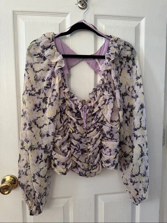 Free People Floral Ruffle Front Women’s Top in Lavender & Yellow