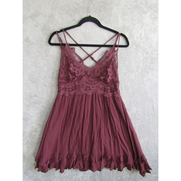 Free People Burgundy Lace Bodice Ruffle Hem Mini‎ Dress Boho Sleeveless Wine