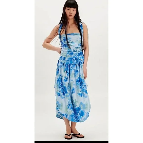 Free‎ People Aqua Combo Blue Floral Ruched Halter Maxi Dress Size M