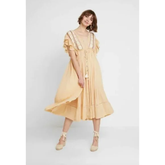 Free People Garbanzo Bean Bali Will Wait‎ For You Casual Boho Maxi Dress Sz XS