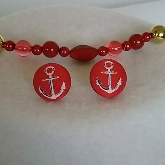 Red fabric anchor print post earrings