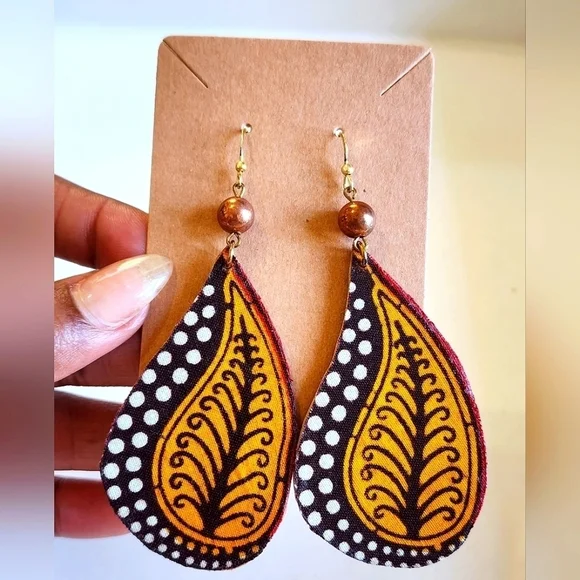 Brown and Gold Teardrop Shaped Statement Earrings, sz. OS