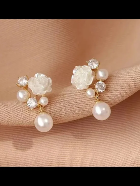 Source Unknown Pearl & White Rose Drop Earrings in Gold