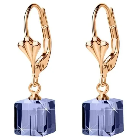 14K Yellow Gold with Purple Tanzanite Austrian Crystal Cube Leverback Earrings