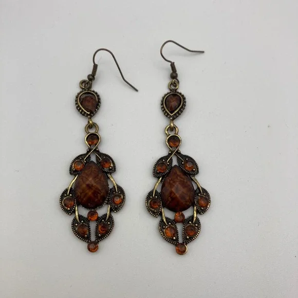 Antique Brass Amber Resin Chandelier Earrings Vintage Style Boho Drop Dangle 3in