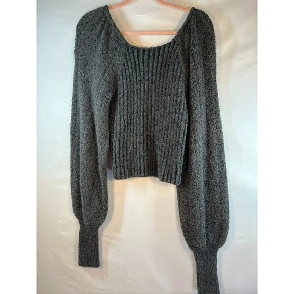 FREE PEOPLE WOMENS MED CROPPED GRAY SWEATER BALLON LONG SLEEVES