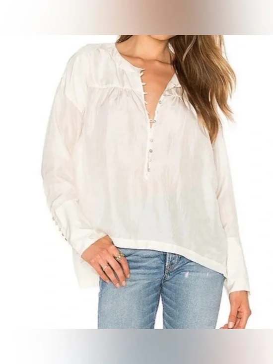 Free People Cream Silk Button-Up Oversized Blouse - Size S