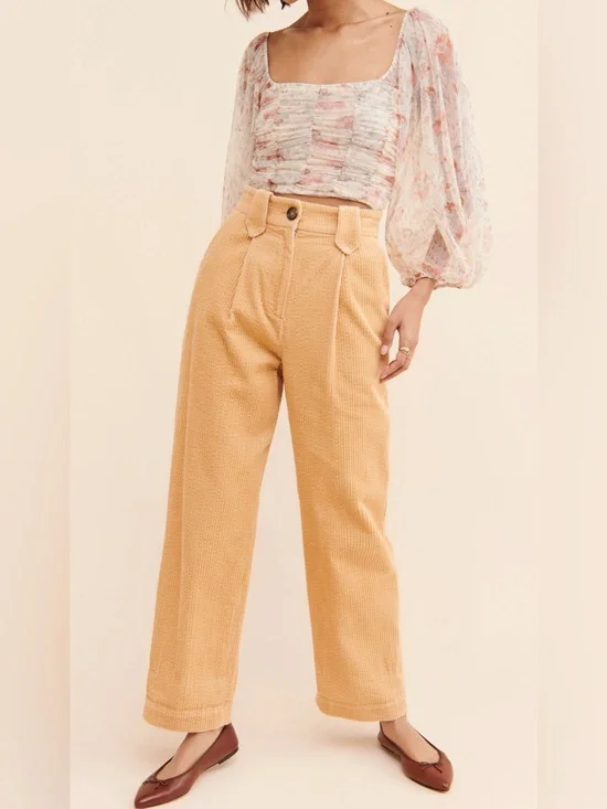 Free People Cream and Peach Floral Ruched Long Sleeve Blouse - Size XS