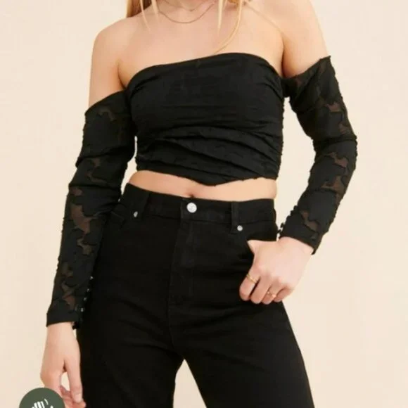 Free People Bella Black Corset Cropped Off Shoulder Top‎ Blouse Size M - NEW