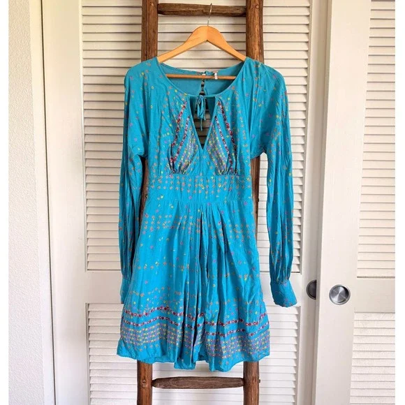 Free People Cherry Print Open Back Mini Dress 4 Turquoise‎ Blue