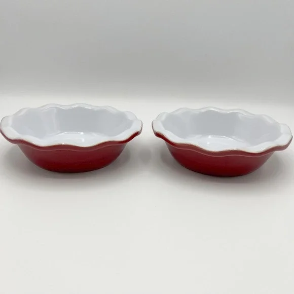 Emile Henry France Red Ceramic Mini Pie Dishes 14cm Scalloped Ruffle Set of 2