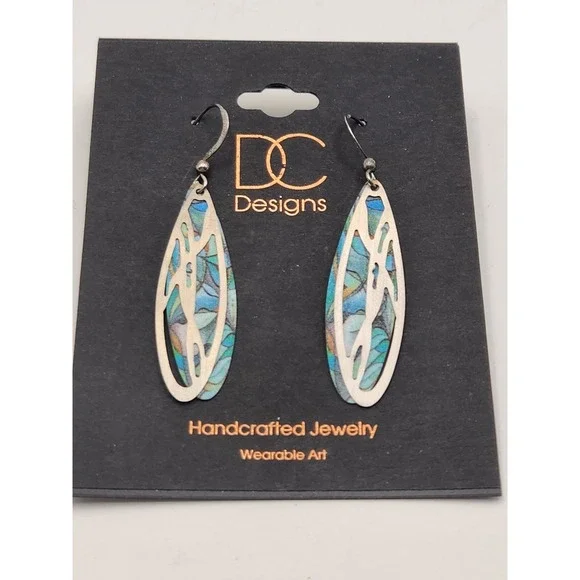 DC Designs‎ Handcrafted Abstract Nature Giclee Print Dangle Earrings Blue Silver