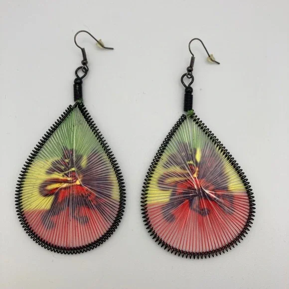 Boho Rasta String Art Teardrop Earrings Red Yellow Green Statement Dangle