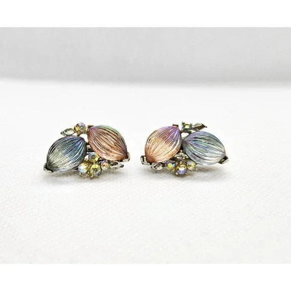 Vintage Lisner Clip On Earrings Pink Blue Iridescent Glass AB Rhinestone Climber