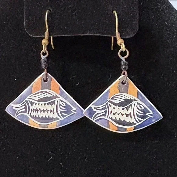 Artisan Fish Fan Etched Drop Earrings Purple‎ Orange Nautical  Dangle Hook