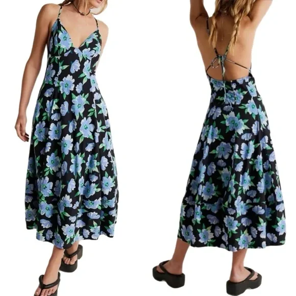 Free People Women’s Finer Things Floral Print A-Line Midi Dress Black Blue Small