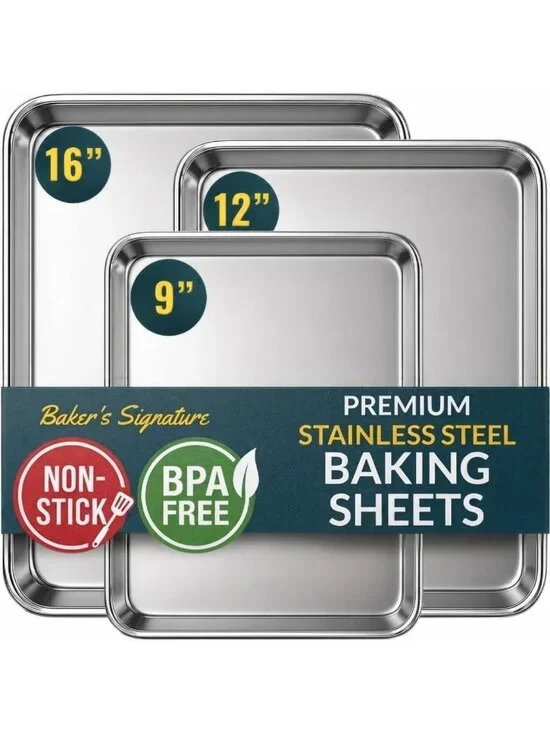 Stainless Steel Cookie Sheet Set of 3 - Non-Stick, Rust Resistant, Dishwasher