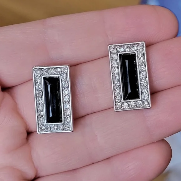 Rectangle Black Silver and Diamond Rhinestone Post Earring for Pierced Ears