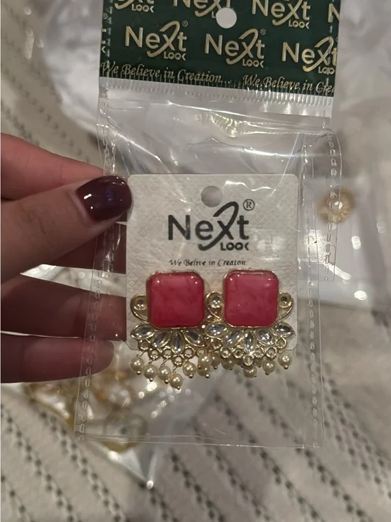 Desi Pink Stone Gold-Tone Pearl Drop Earrings