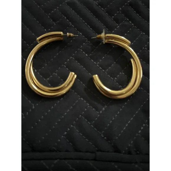 Gold Tone Double Hoop Earrings Statement Fashion‎ Jewelry