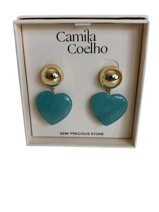 Camila Coelho Teal Green Heart Drop Earrings w/ Gold Tone Dome Studs.