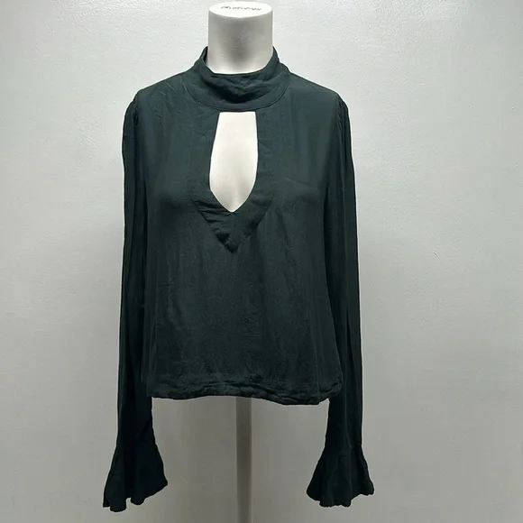 Free People Blouse Long Sleeve Keyhole Neck Crop Top Lightweight Green Size XS