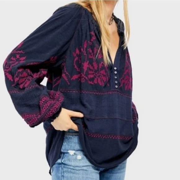 Free People Persuasion Embroidered Oversized Top M