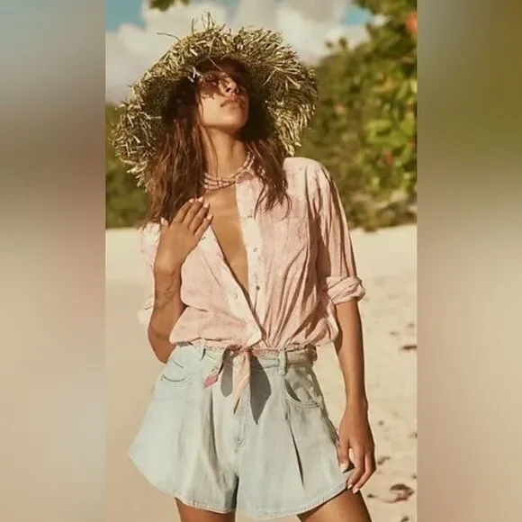 FREE PEOPLE My Rose Buttondown Western Pearl Buttons oversized shirt