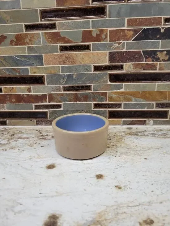 Vintage Stoneware Butter Crock Tan Brown Pottery Bowl Blue Interior Farmhouse 4