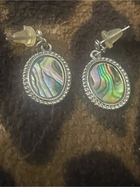 Silver Abalone Shell Oval Drop Earrings - Iridescent Green