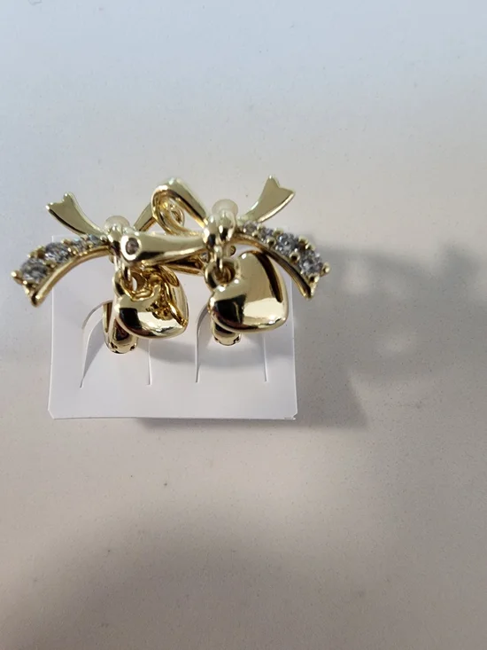 Gold-Tone Bow and Heart Drop Earrings with Crystal Accents
