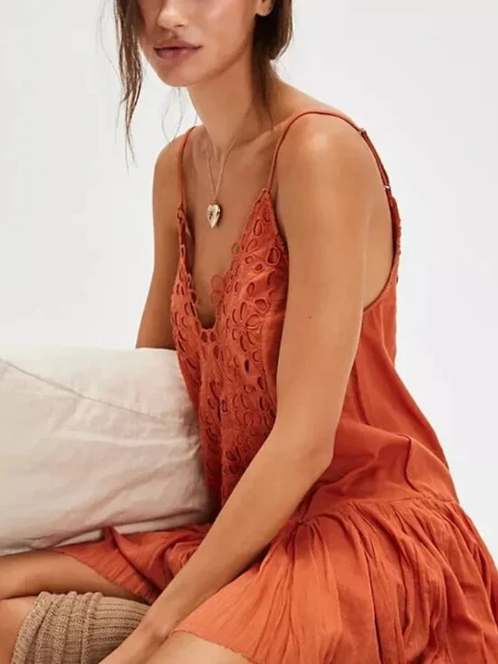 Free People FP One Casella Drop-Waist Slip Dress Eyelet Embroidered Coral L