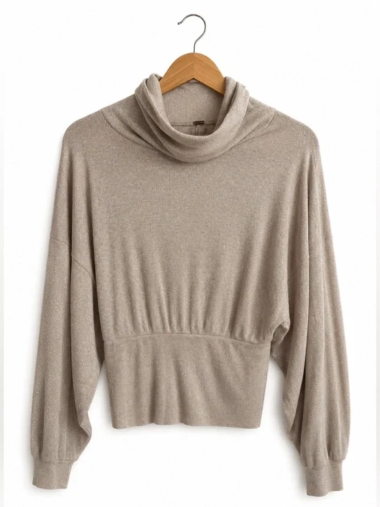 Free People Shimmery Metallic Gold  Tan Cowl Neck Knit Top XS Boho Glam Feminine
