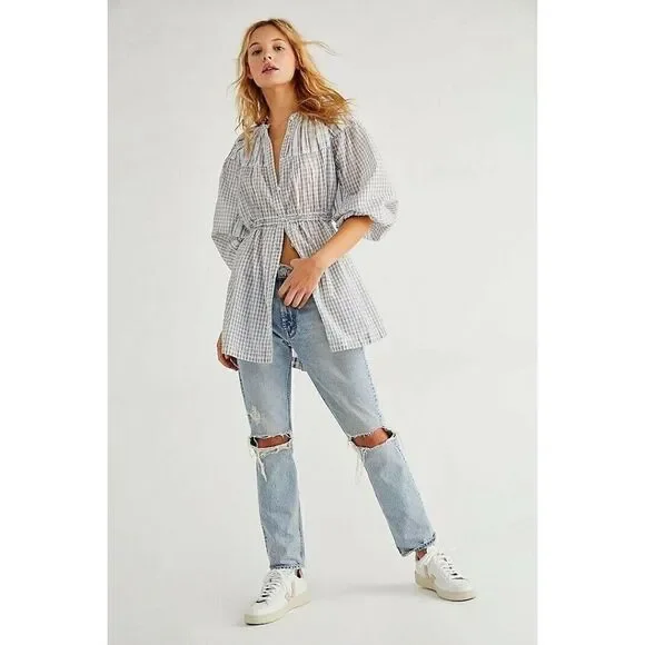 NEW FREE PEOPLE Sz L HOMESPUN PLAID BUTTON DOWN TUNIC TOP IN WHITE COMBO