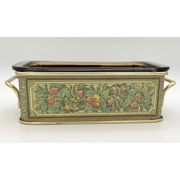 Vintage Pyrex 213 Fruit Harvest Amber Loaf Pan‎ w Metal Cradle 1.5 Qt