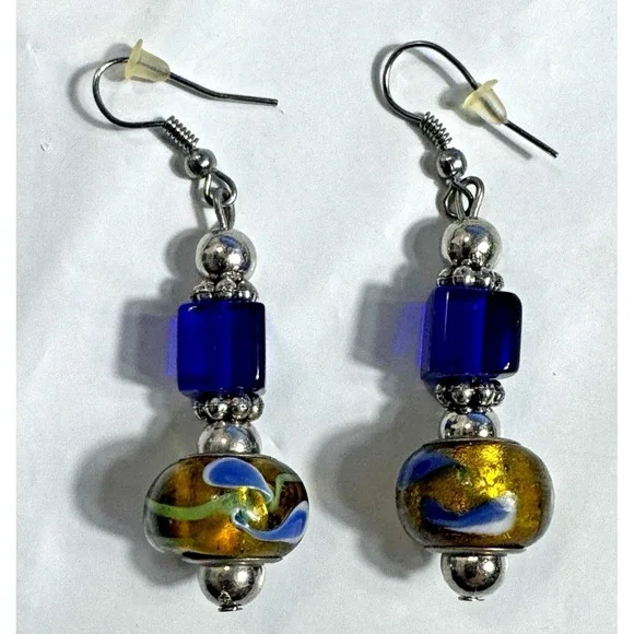 Artisan Lampwork Glass Drop Earrings Blue Gold Swirl Cube Bead Boho Dangle 2 In